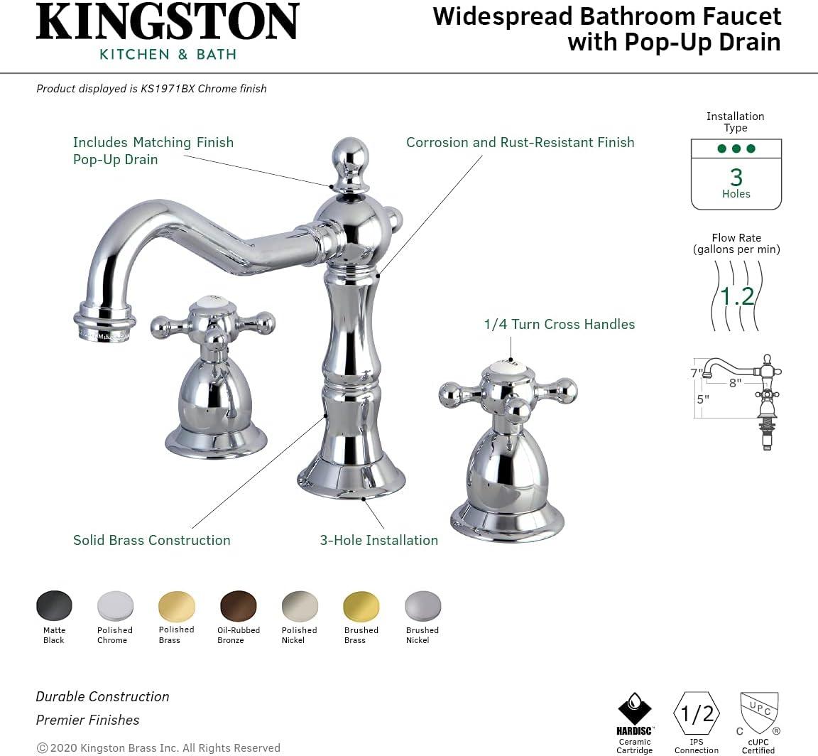 Kingston Brass Heritage Two-Handle 3-Hole Deck Mount Widespread Bathroom Faucet with Brass Pop-Up Drain
