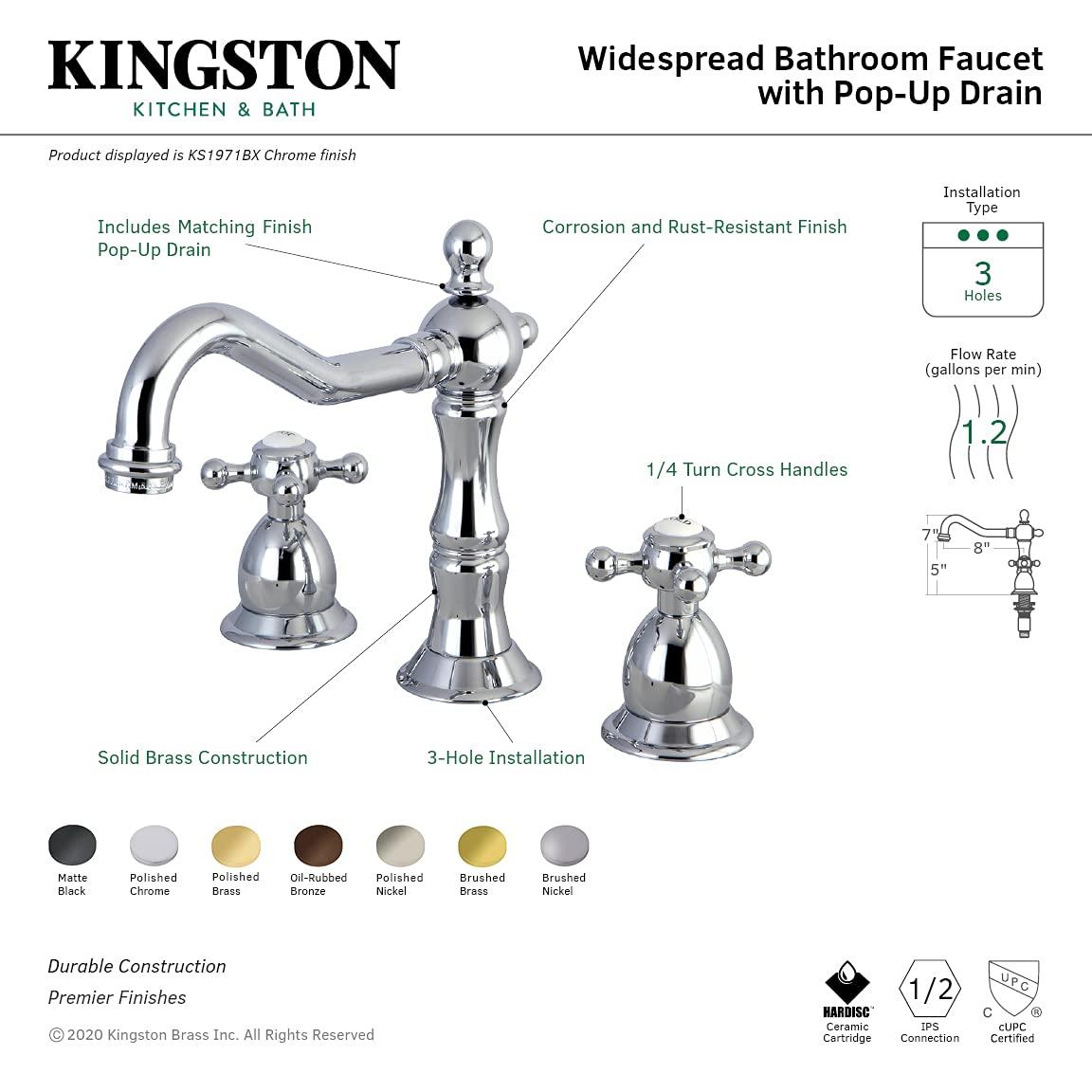 Kingston Brass Kingston Brass Heritage Two-Handle 3-Hole Deck Mount Widespread Bathroom Faucet with Brass Pop-Up Drain KS1977BX