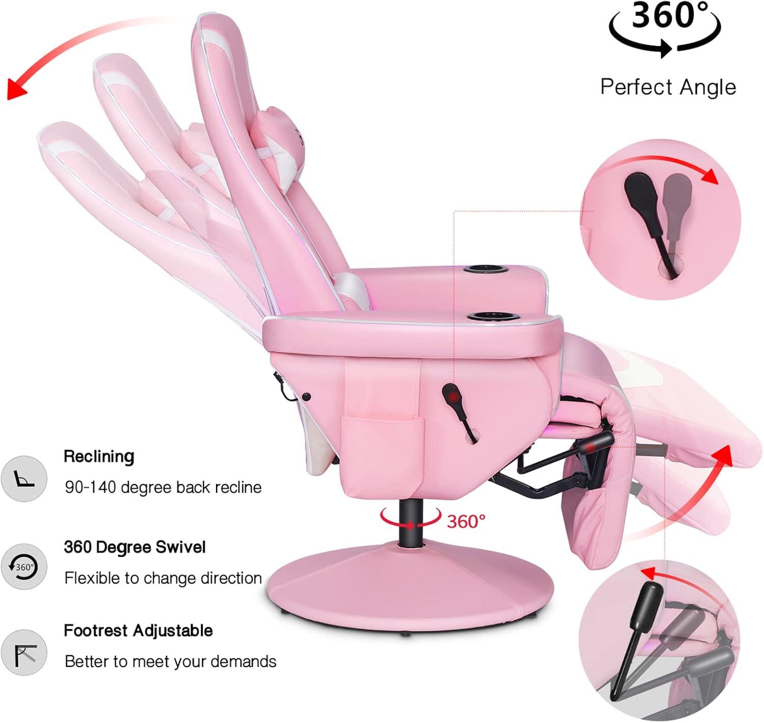 Queen Throne Video Gaming Chair Ergonomic Recliner Racing Chair, High Back Swivel Chair with Footrest and Adjustable Backrest, Lumbar Support, Headrest and Cupholders, Pink White