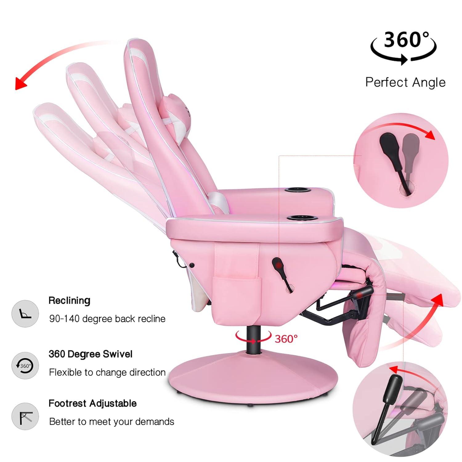 Queen Throne Video Gaming Chair Ergonomic Recliner Racing Chair, High Back Swivel Chair with Footrest and Adjustable Backrest, Lumbar Support, Headrest and Cupholders, Pink White