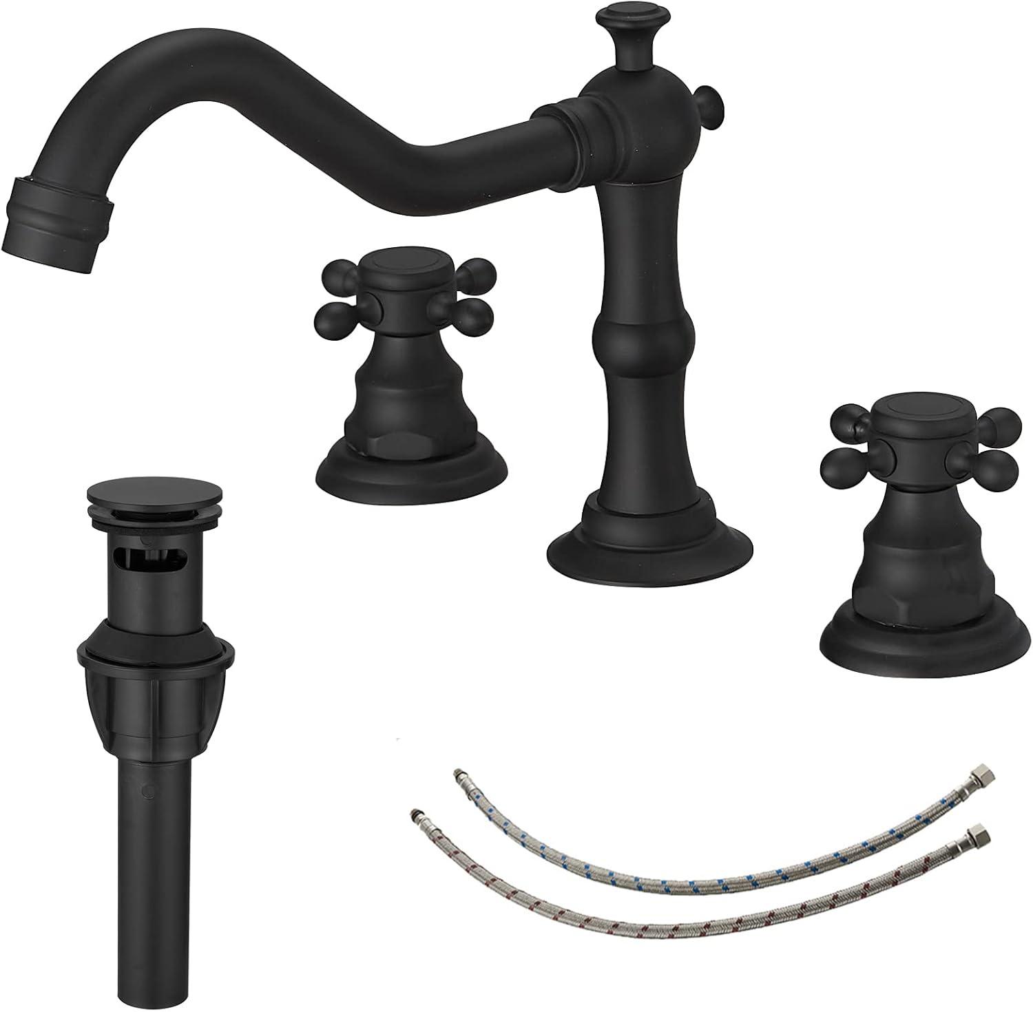 BWE 8 in. Widespread 2-Handle 3-Hole Bathroom Faucet with Drain Kit and Supply Lines in Matte Black