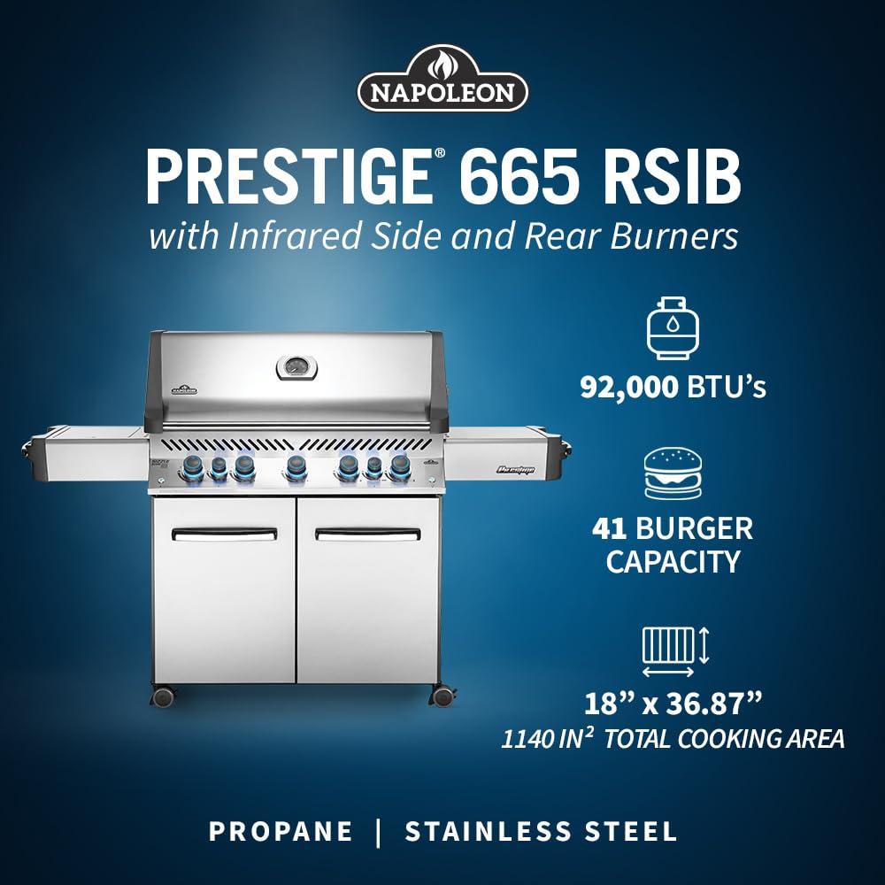 Napoleon Prestige 665 Propane Gas Grill with Infrared Side and Rear Burners, Stainless Steel