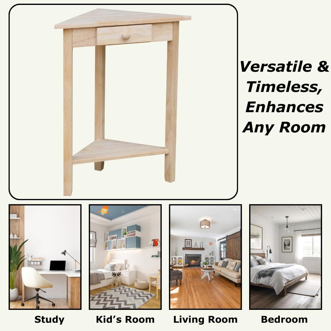 Corner End Table Unfinished - International Concepts: Solid Wood, Triangle Shape, Shelf Storage