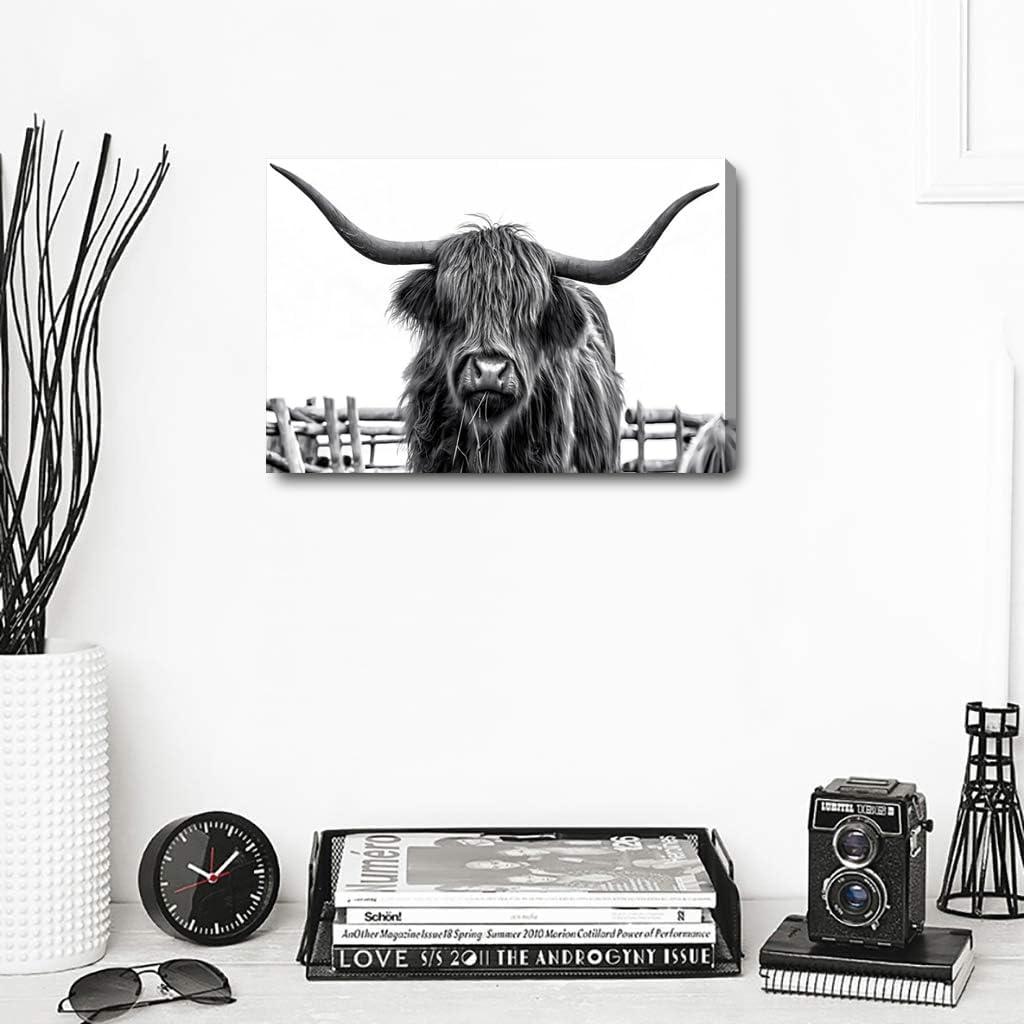 Lingy  Highland Cow Wall Art Farmhouse Decor Canvas Printed Black and White Cow Pictures Wall Decor Modern Western Rustic Artwork Decorations for Bedroom Office Living Room  16x12in