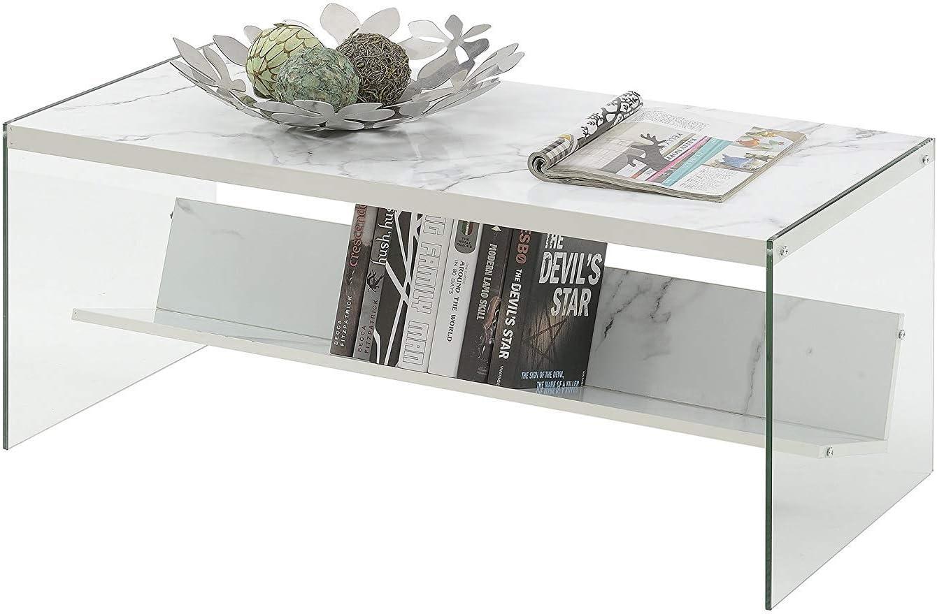 Sleek Modern 40" White Faux Marble and Glass Coffee Table