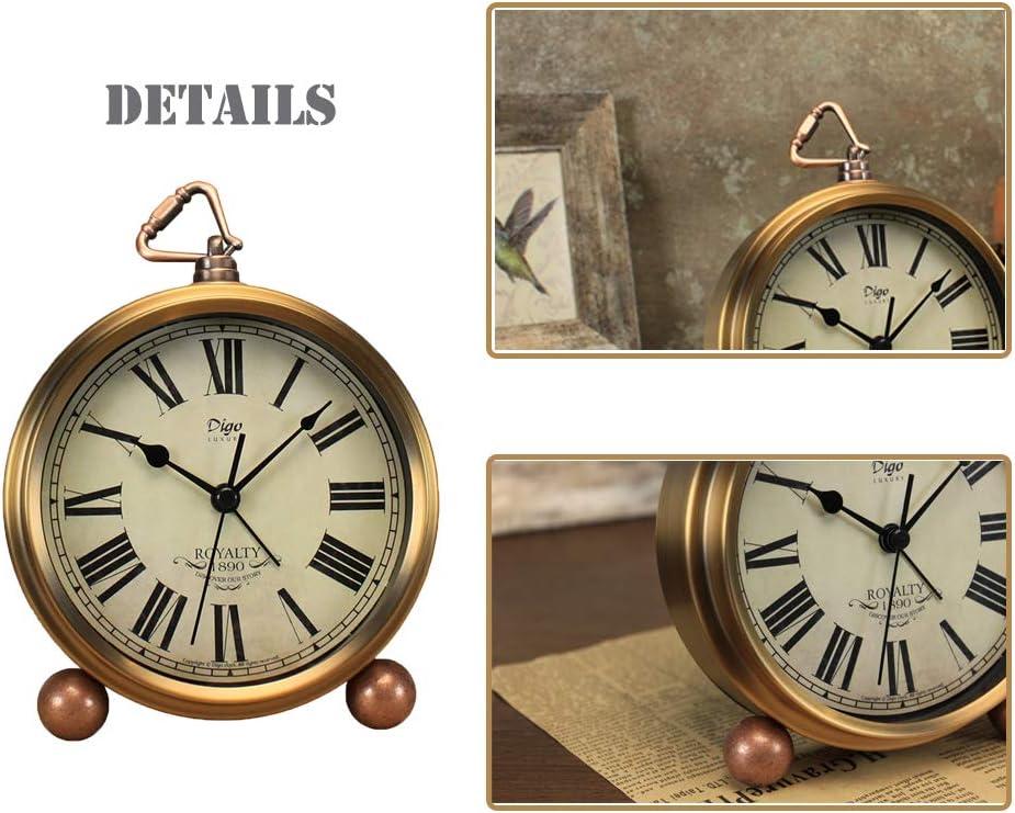 Maxspace Metal Golden Table Clock, Retro Vintage Non-Ticking Small Alarm Clock,Battery Operated Silent Quartz Movement HD Glass Desk Clock for Bedroom Living Room Indoor Decoration Kids… (Roman2)