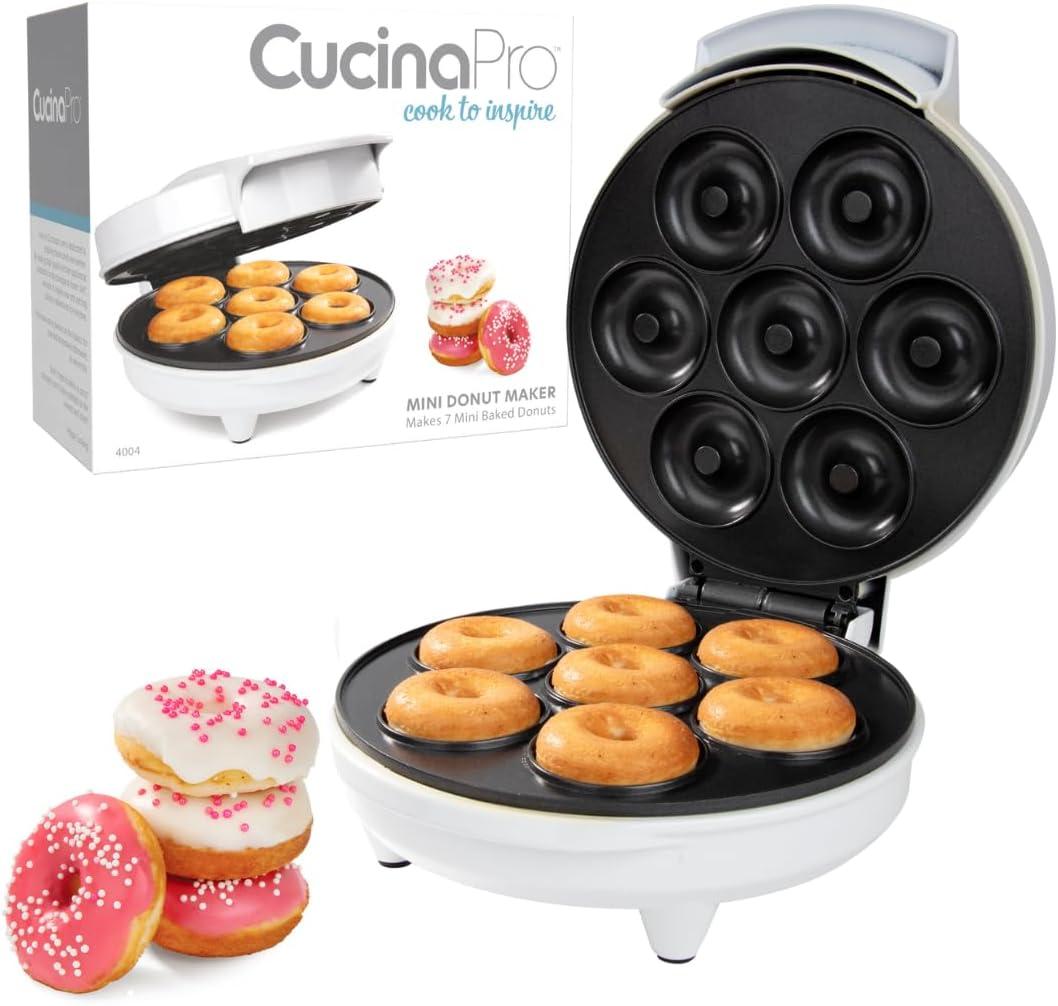 CucinaPro Mini Donut Maker- Electric Non-Stick Surface Makes 7 Small Doughnuts- Unique Baking Activity for Adults, Brunch or Dessert