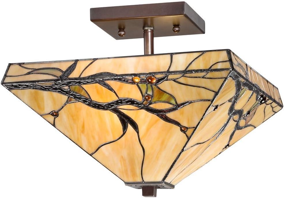 Robert Louis Tiffany Mission Rustic Ceiling Light Semi Flush Mount Fixture 14" Wide Bronze 2-Light Budding Branch Art Glass Shade for Bedroom Kitchen
