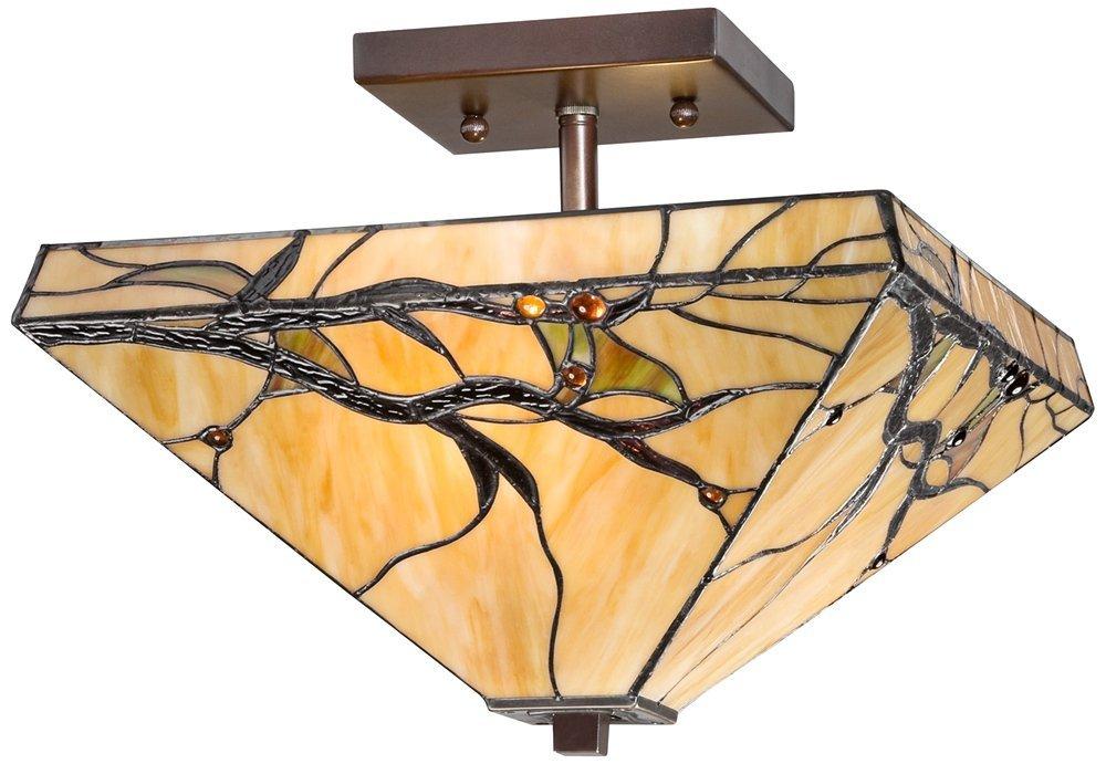 Robert Louis Tiffany Mission Rustic Ceiling Light Semi Flush Mount Fixture 14" Wide Bronze 2-Light Budding Branch Art Glass Shade for Bedroom Kitchen