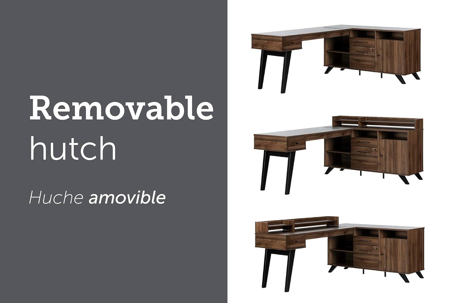 Helsy L-Shaped Desk with Power Bar and Removable Hutch Natural Walnut