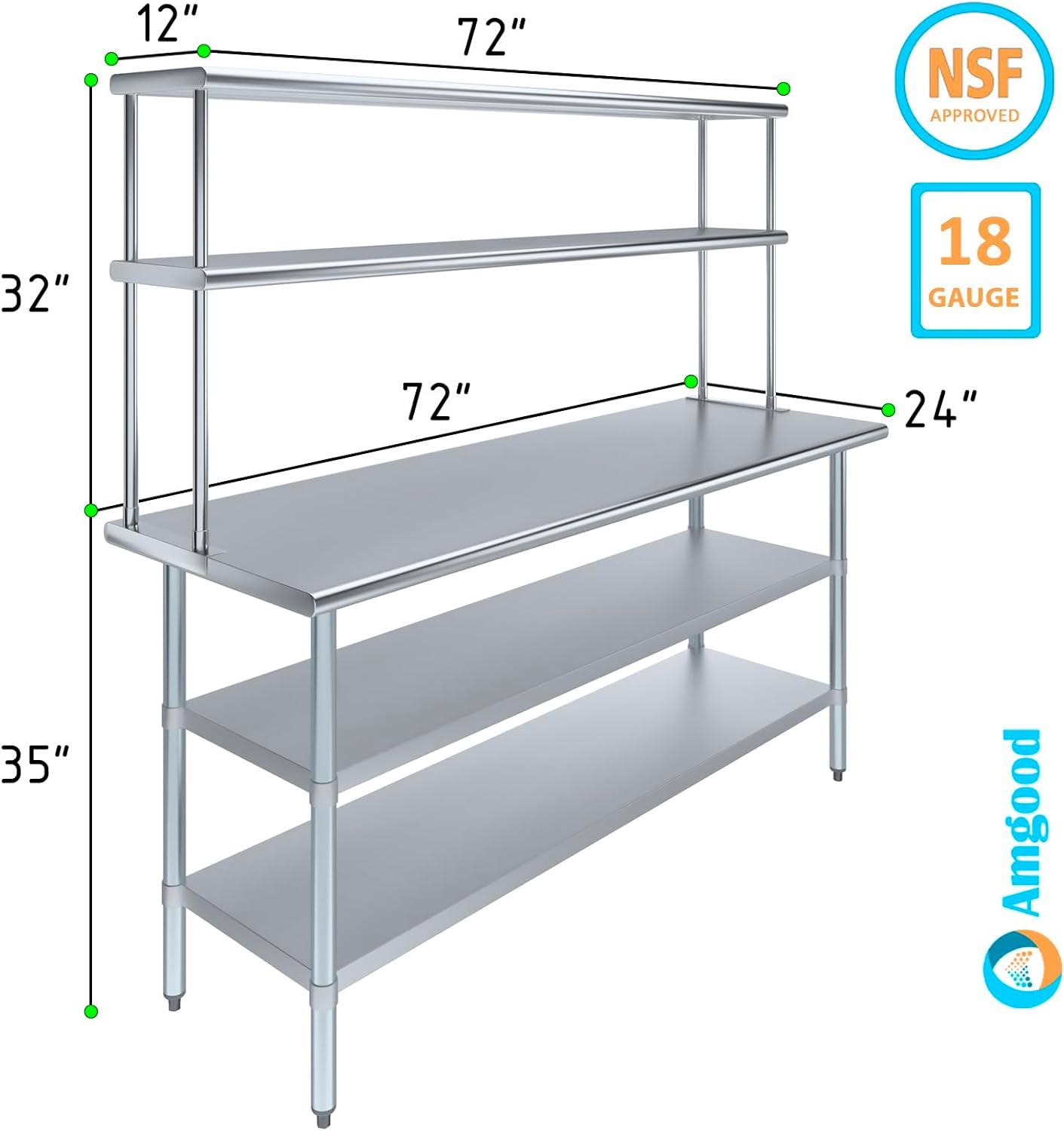 72" Long x 24" Deep" Stainless Steel Work Table With 12" Wide Double Tier Overshelf | Metal Kitchen Prep Table & Shelving Combo