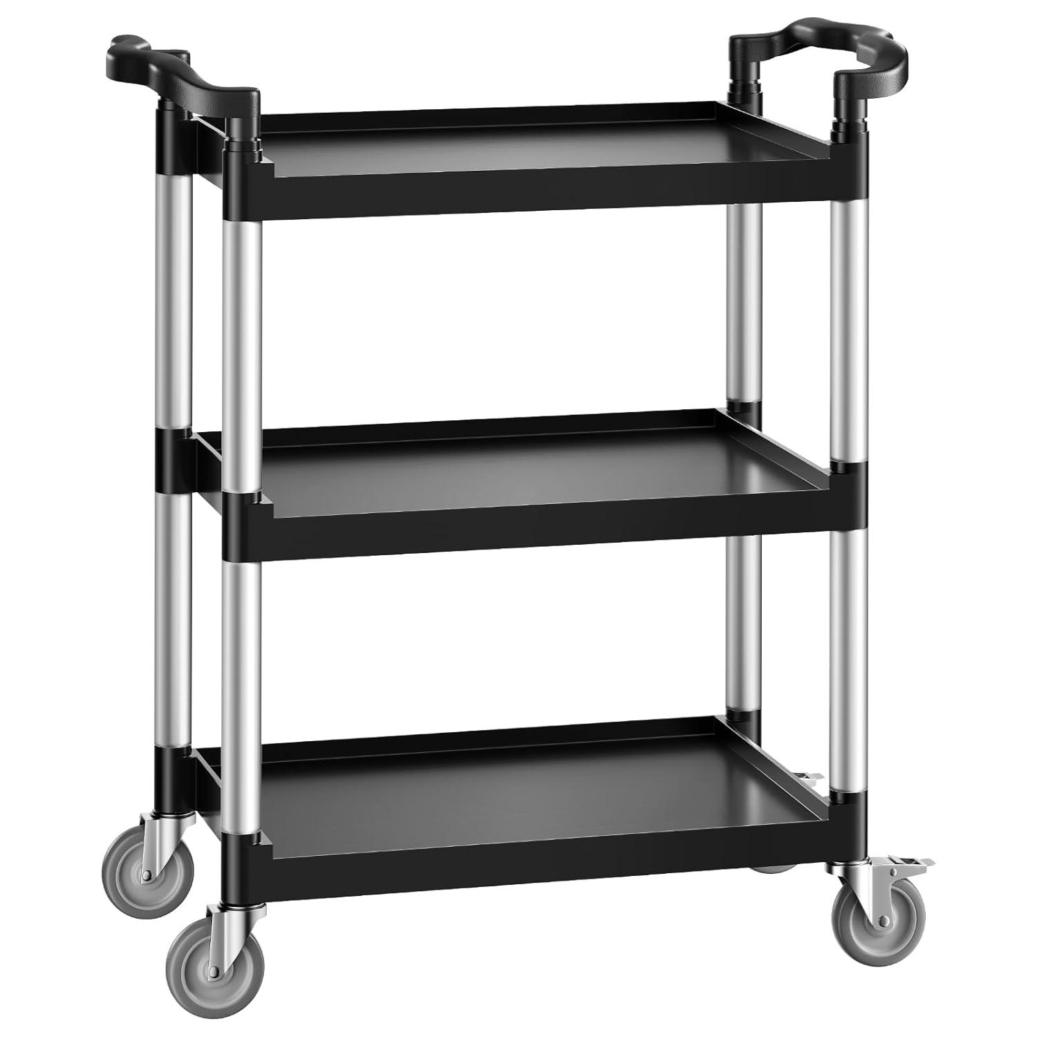 VEVOR Utility Cart, 300 lbs Load Capacity, 3-Tier Utility Plastic Cart with 360° Swivel Wheels (2 with Brakes), 24.4 x 16.1-inch Food Service Cart for Warehouse, Office, Home, Restaurant, Kitchen