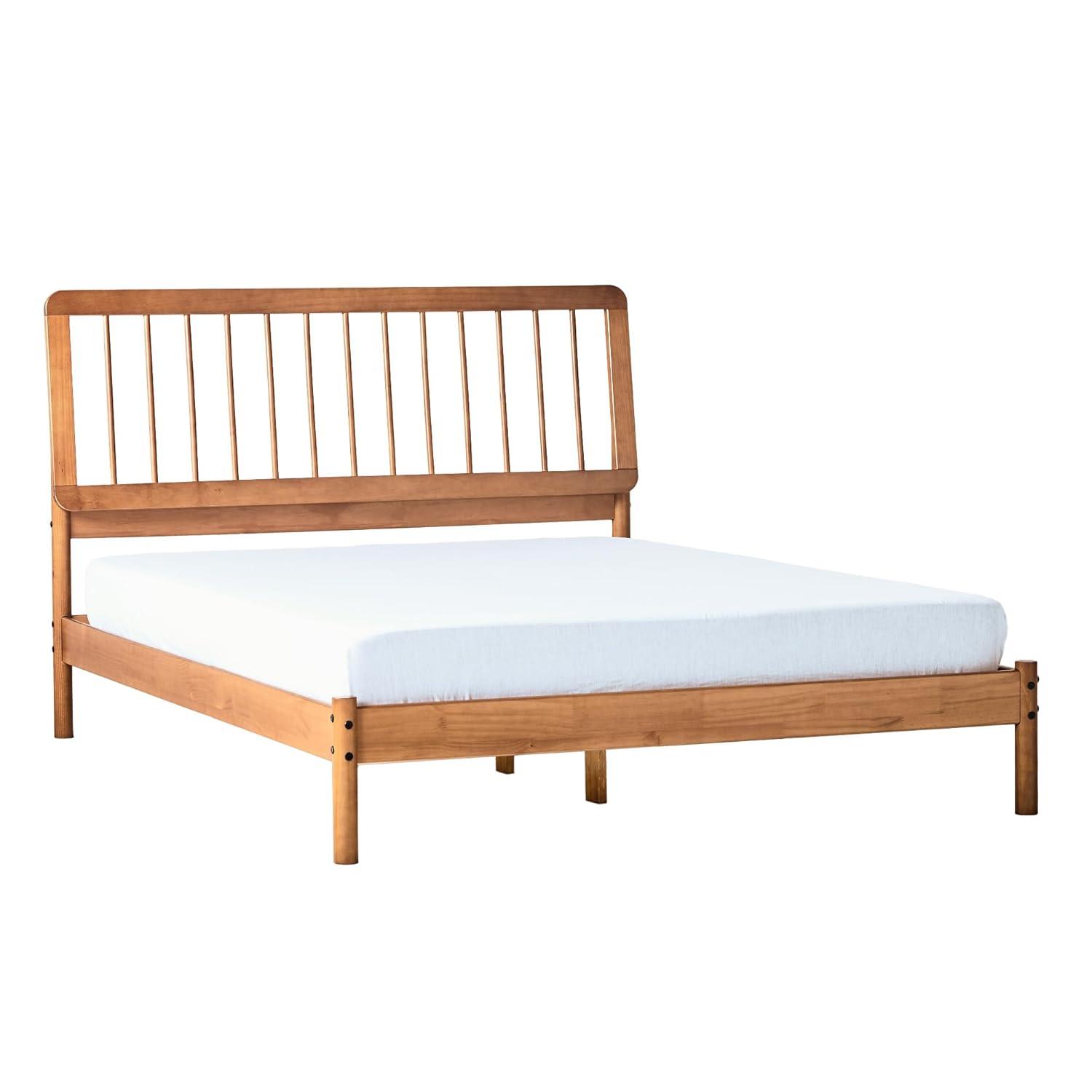 Walker Edison Mid-Century Modern Slatted Solid Wood Queen Bedframe, Caramel