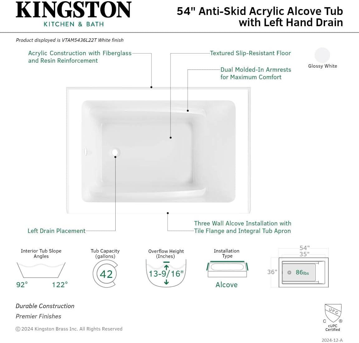 Glossy White 54-Inch Acrylic Alcove Tub with Left Hand Drain