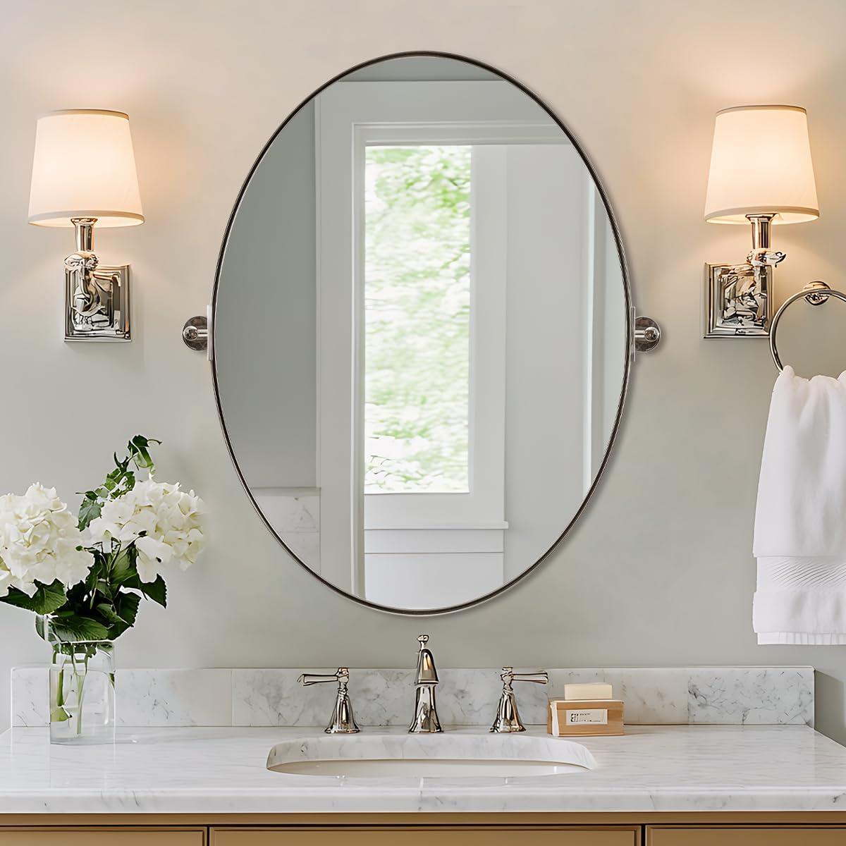 ANDY STAR Oval Bathroom Mirror, 24" x 36" Chrome Stainless Steel Metal Frame Vanity Mirror for Over Sink with Adjustable Tilting Design, Pivoting Mirror for Modern Wall Decor