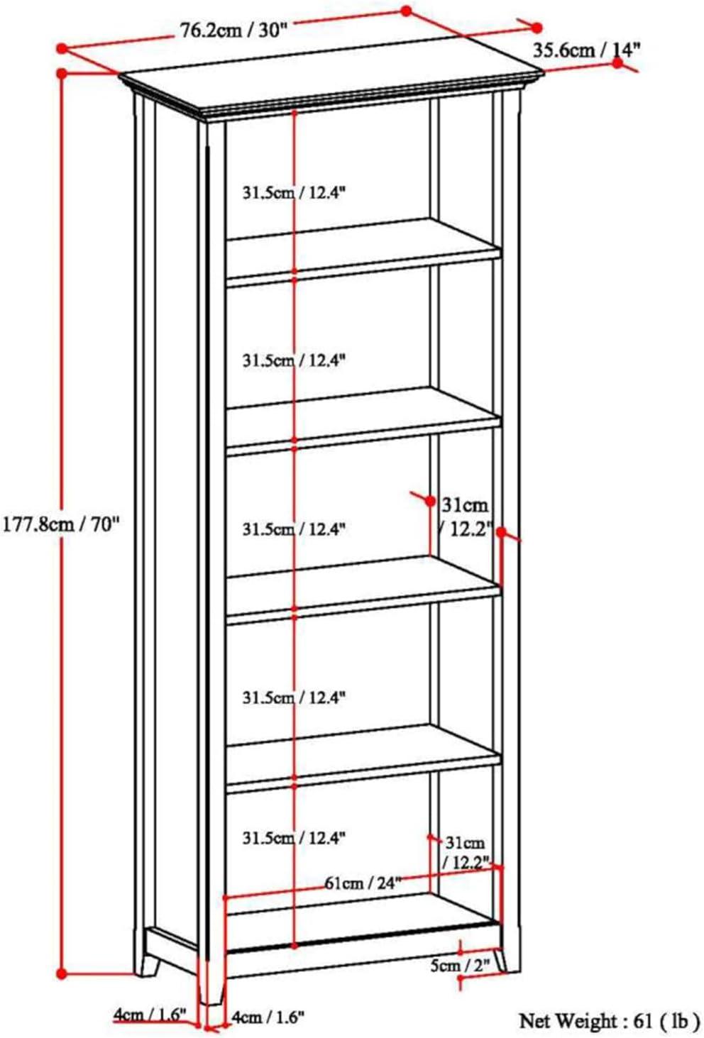 Simpli Home Amherst 30"W Solid Wood 5 Shelf Bookcase with Adjustable Shelves