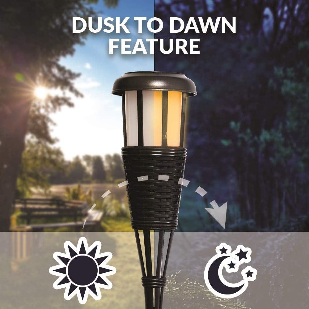 Solar Flickering LED Island Torches, Dusk-to-Dawn Dancing Flame Outdoor Landscape Lighting, Black, 2-Pack