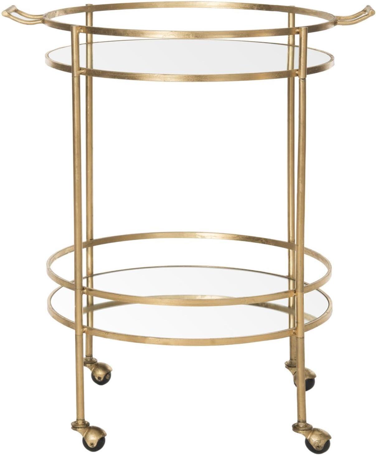 Transitional 26'' Gold Round Bar Cart with Mirrored Shelves