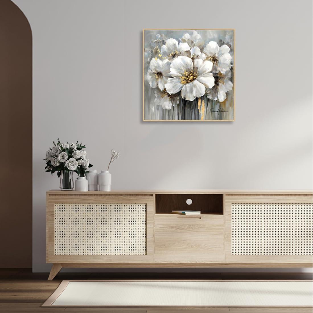 Square White and Gray Floral Canvas Painting with Gold Accents