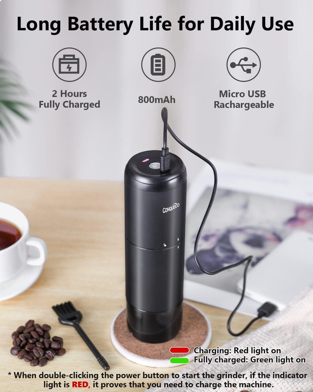 CONQUECO Portable Electric Coffee Grinder with Stainless Conical Burr, Rechargeable Professional Coffee Bean Grinding Machine with Multiple Settings, Black