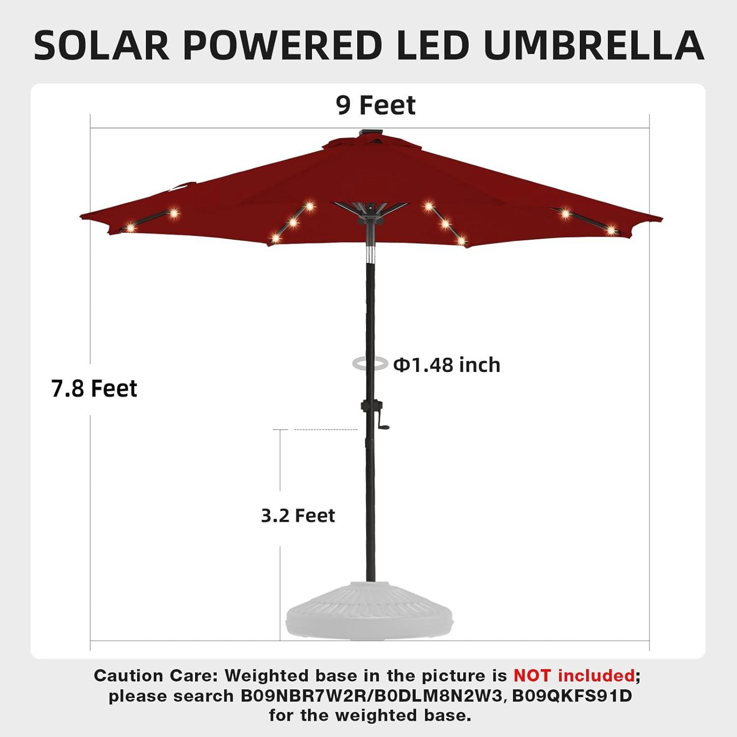 JEAREY Upgrade 9FT LED Lighted Patio Umbrella, Solar Outdoor Umbrella, Tilt Table Umbrella for Pool, Deck & Yard (Red)
