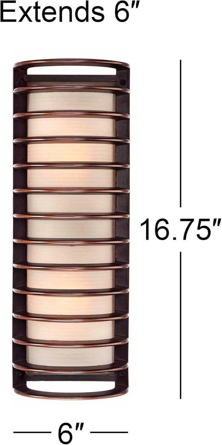 John Timberland Modern Outdoor Wall Light Fixture Rubbed Bronze Grid 16 3/4" Frosted Glass Cylinder for Exterior Porch Patio