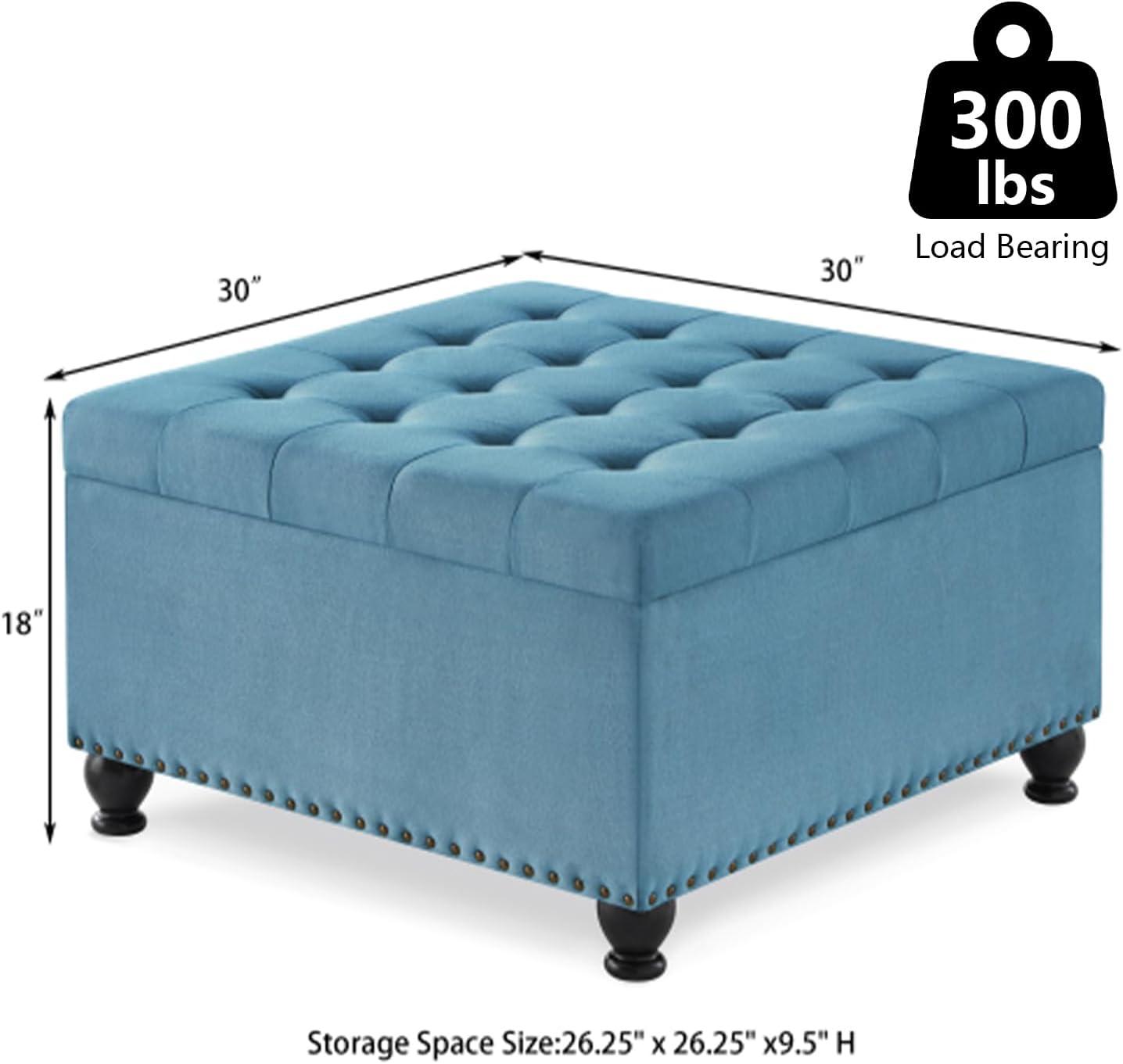 Light Blue Linen Upholstered Square Storage Ottoman with Nail Trim