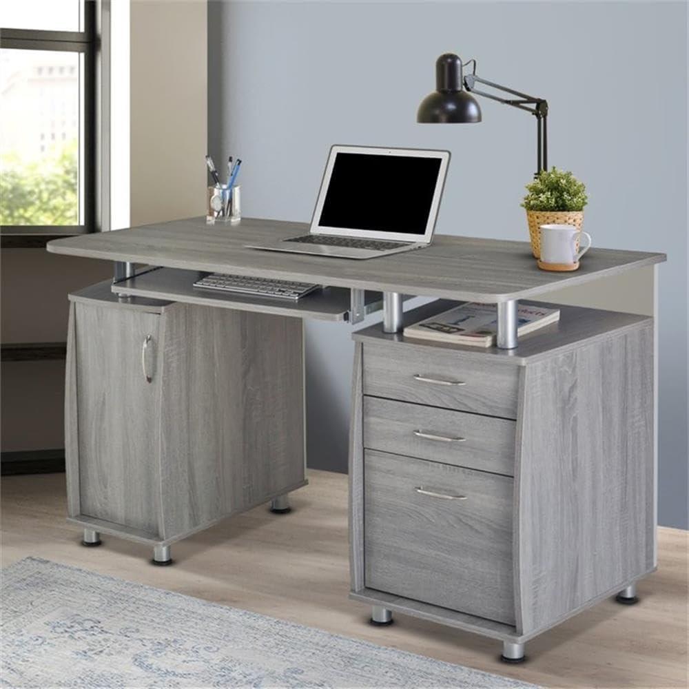 Gray MDF Wood Computer Desk with Storage and Filing Cabinet