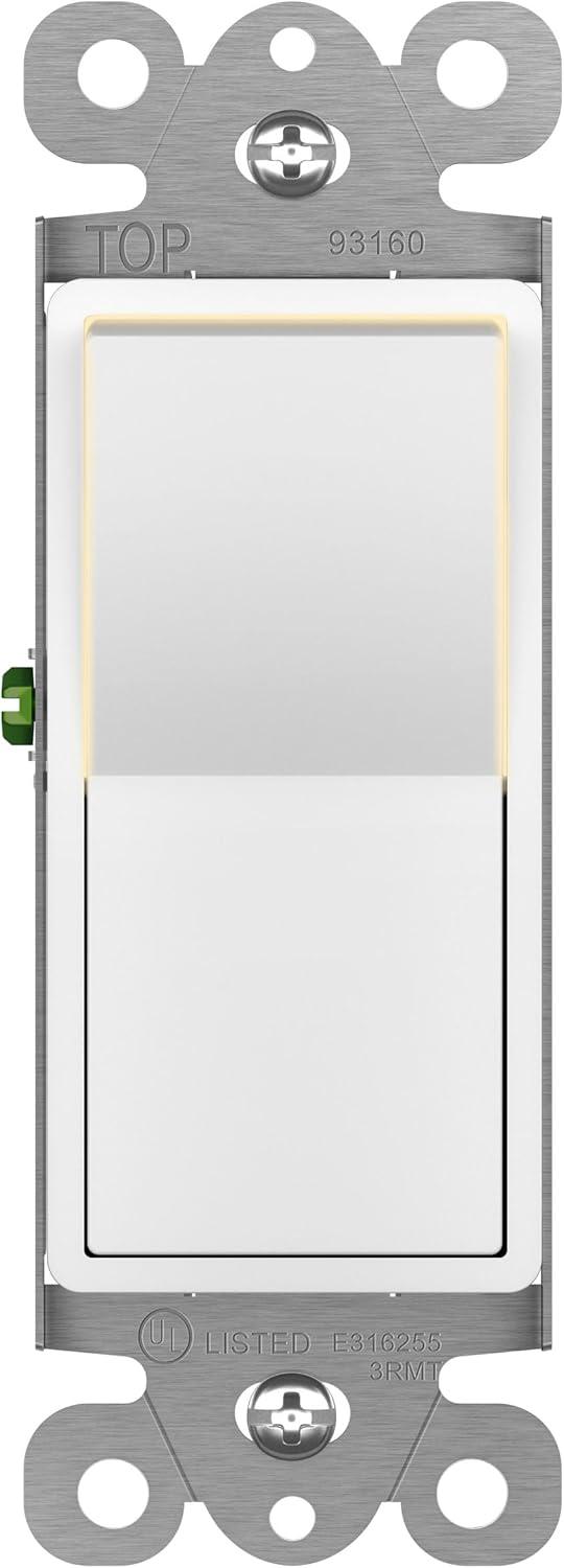 ENERLITES Illuminated 3-Way Decorator Paddle Light Switch, Three Way, Push-In and Side Wiring, Copper Wire Only, Grounding Screw, Residential Grade, 15A 120-277V, UL-Listed, 93160-W, White