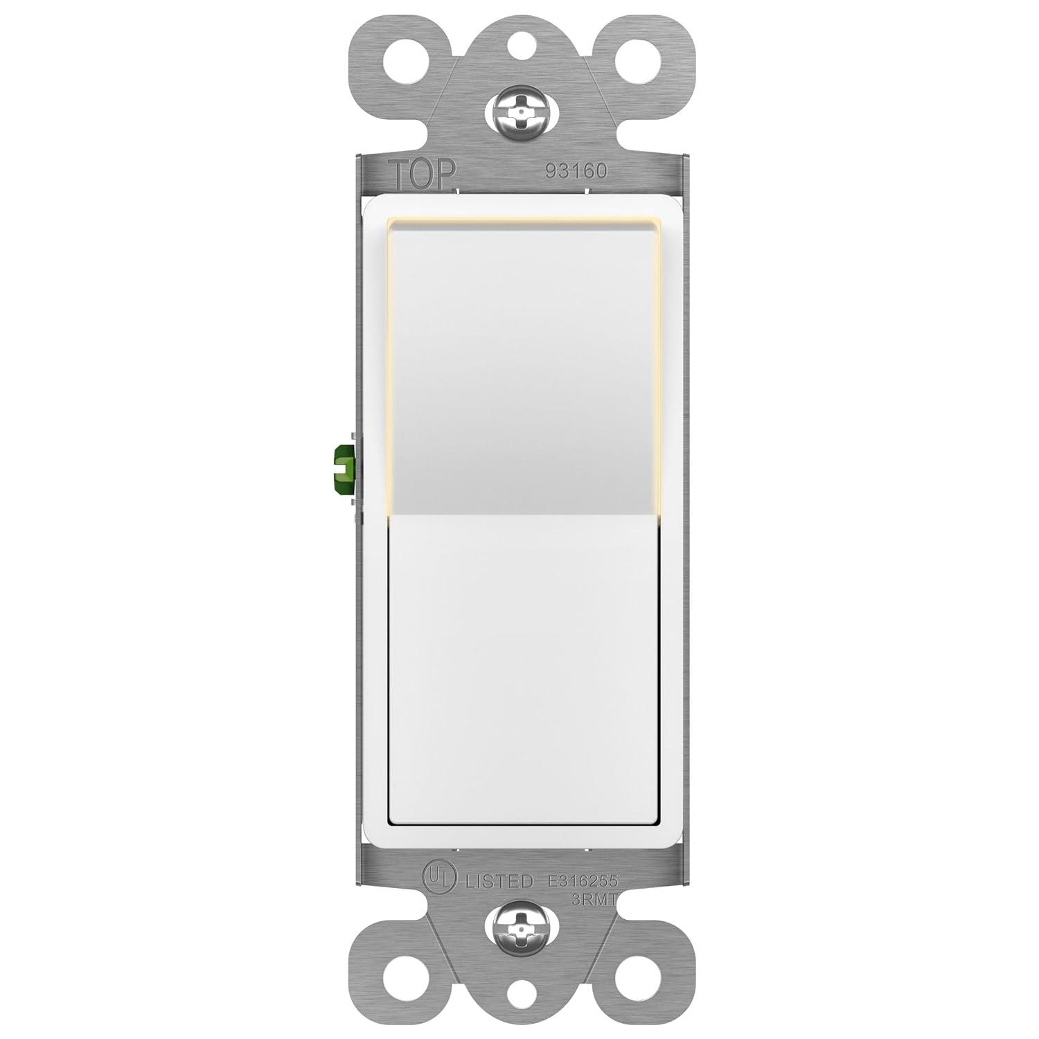 ENERLITES Illuminated 3-Way Decorator Paddle Light Switch, Three Way, Push-In and Side Wiring, Copper Wire Only, Grounding Screw, Residential Grade, 15A 120-277V, UL-Listed, 93160-W, White