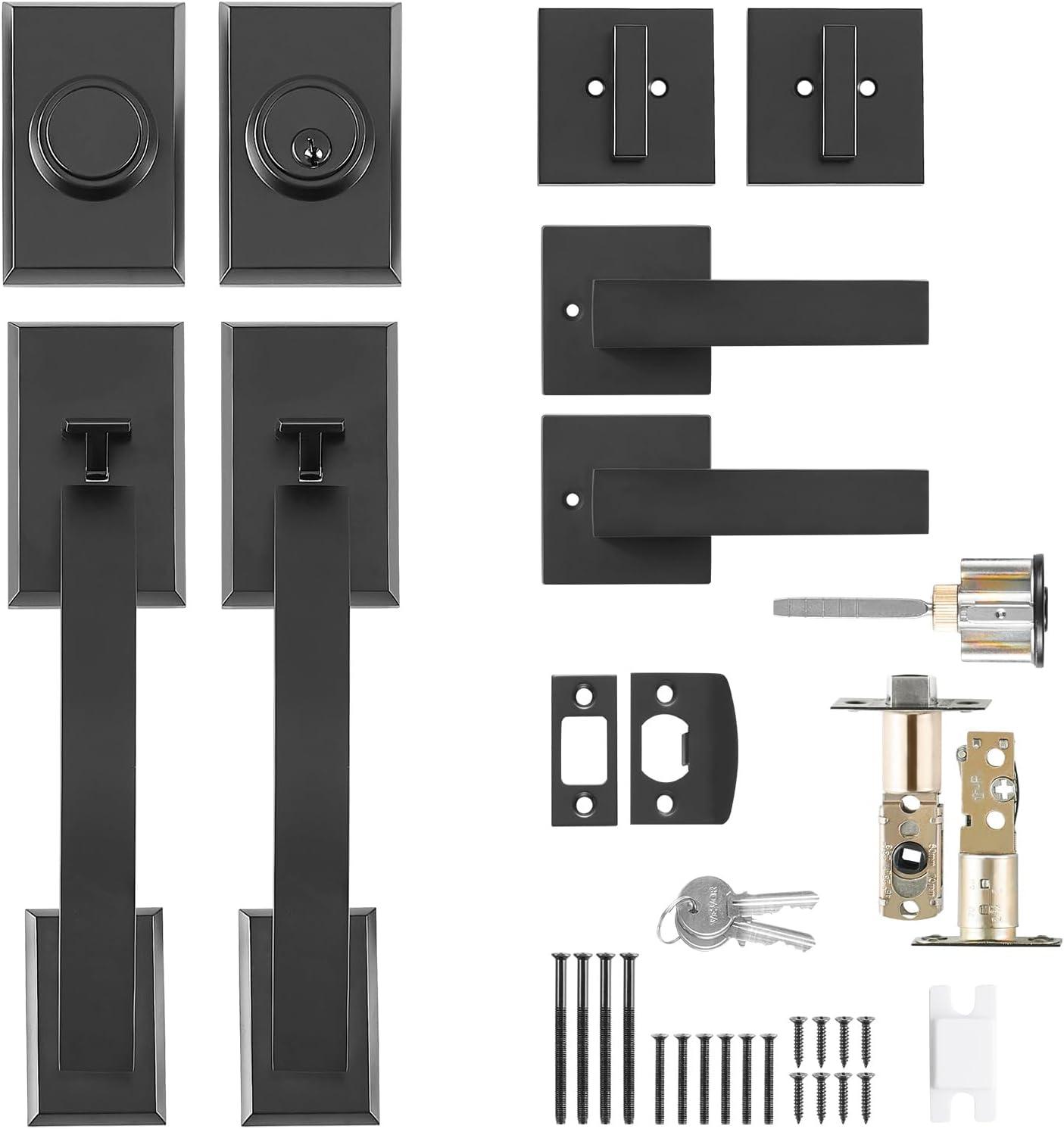 Double Door Handle Set, Matte Black Square Door Lever, Double Front Door Handle Set