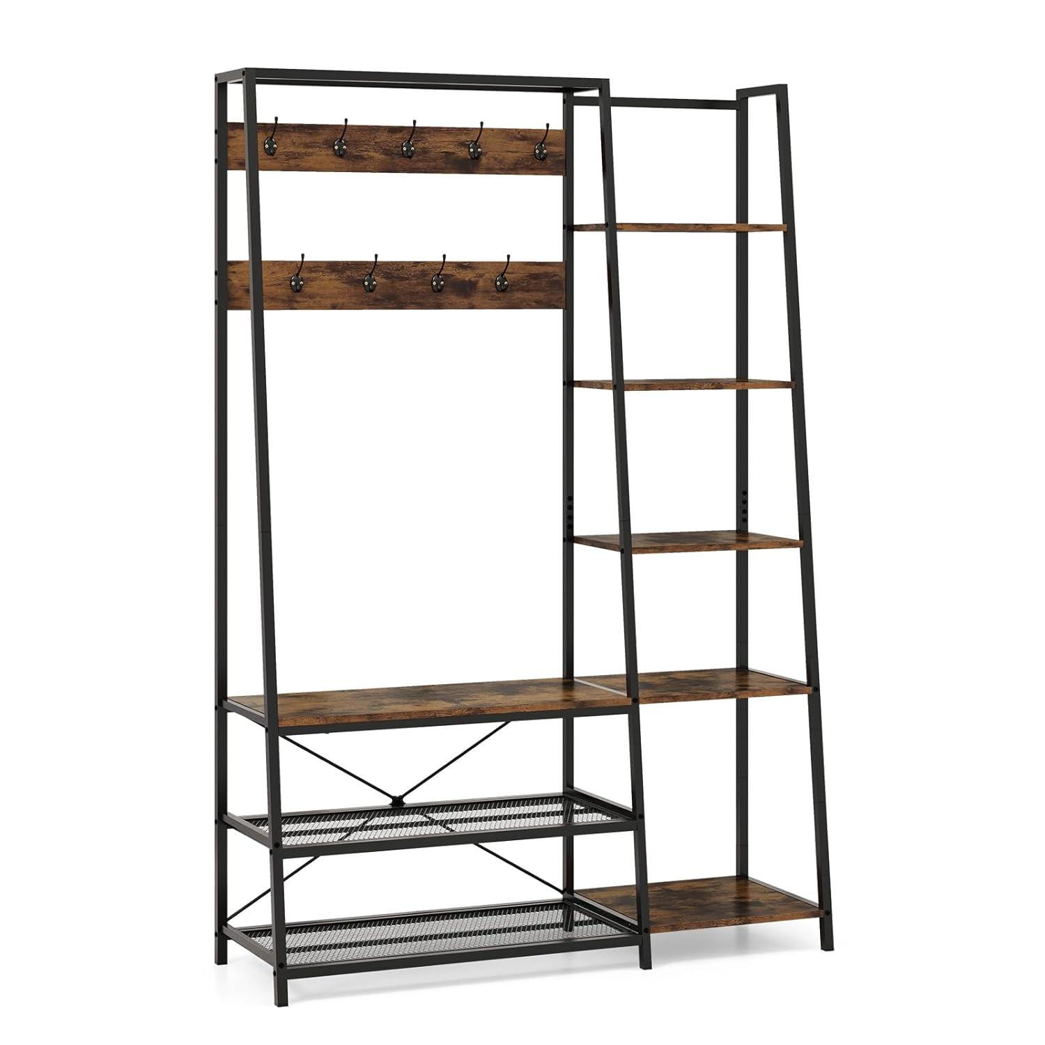 Costway 1 PC 5-In-1 Entryway Coat Rack Storage Shoe Bench Freestanding Wooden Hall Tree