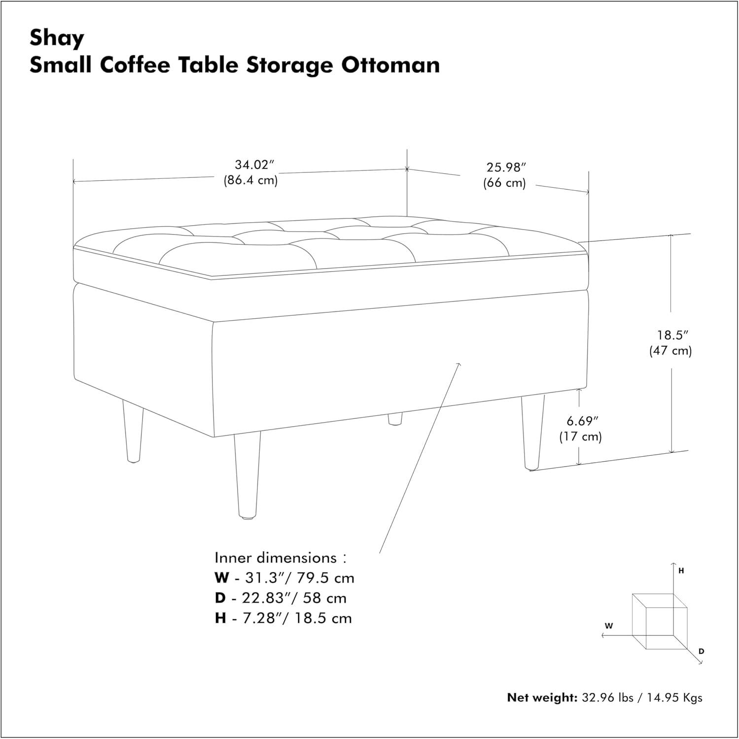 Simpli Home Shay 34"W Upholstered Coffee Table Storage Ottoman with Lift Top and Tufted Detailing