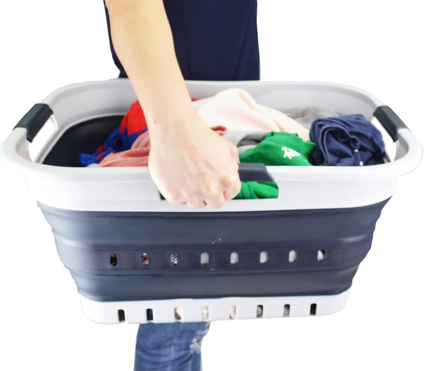 SAMMART 30L (8 gallon) Collapsible 3 Handled Plastic Laundry Basket, Grey/Slate Grey