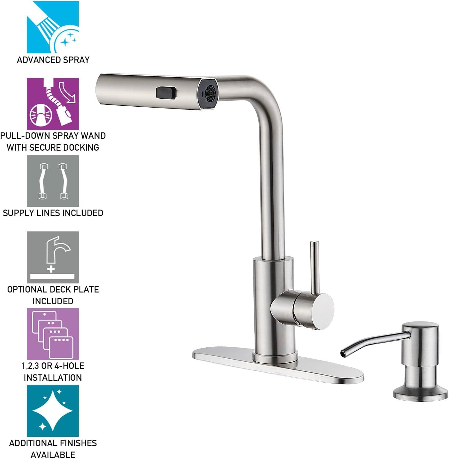 Luxury Waterfall Kitchen Faucet - Brushed Nickel Single Hole Sink Faucet with 3-Mode Pull-Out Sprayer, 360° Swivel, SUS304 Stainless Steel, High Arc, Easy Installation, Durable and Corrosion-Resistant