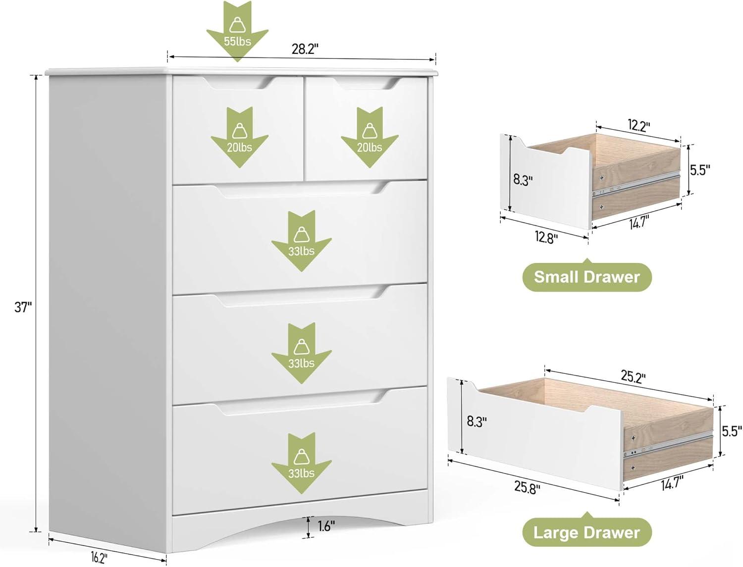 White MDF Vertical 5-Drawer Chest with Extra Deep Storage