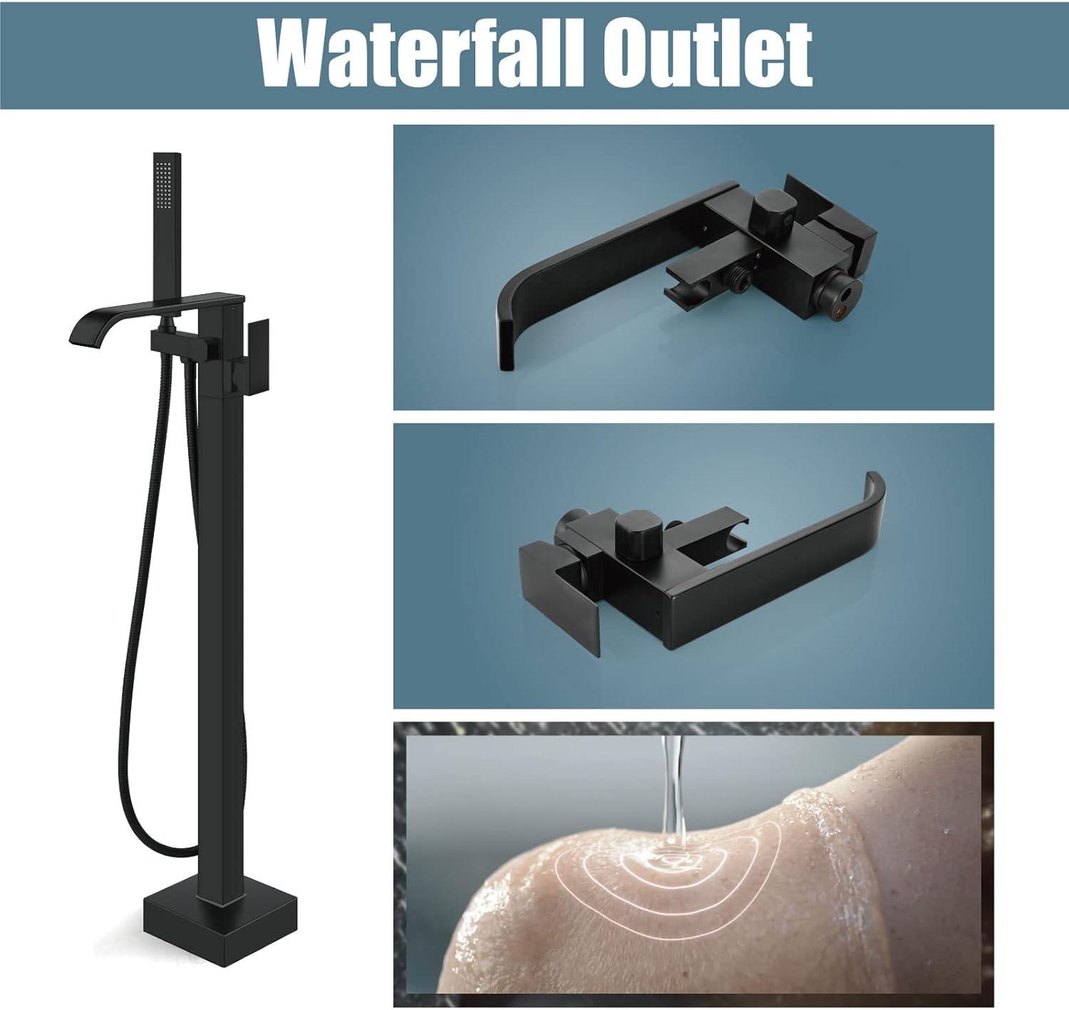AlenArtWater Waterfall Tub Filler Freestanding Bathtub Faucet Floor Mount Brass Single Handle Bathroom Faucets with Hand Shower 93-LJQKCZ