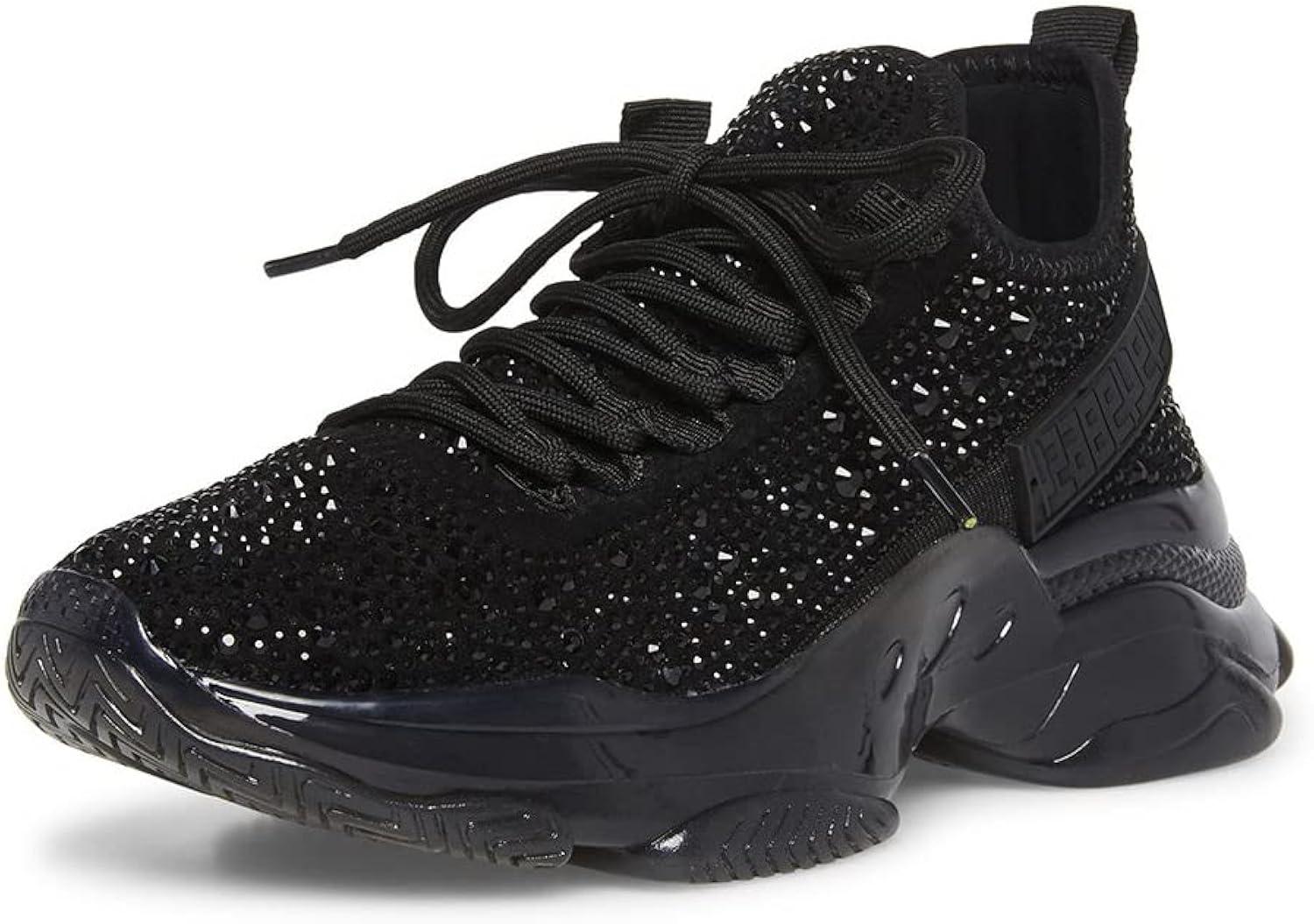 Black Rhinestone Faux Suede Platform Lace-Up Sneakers