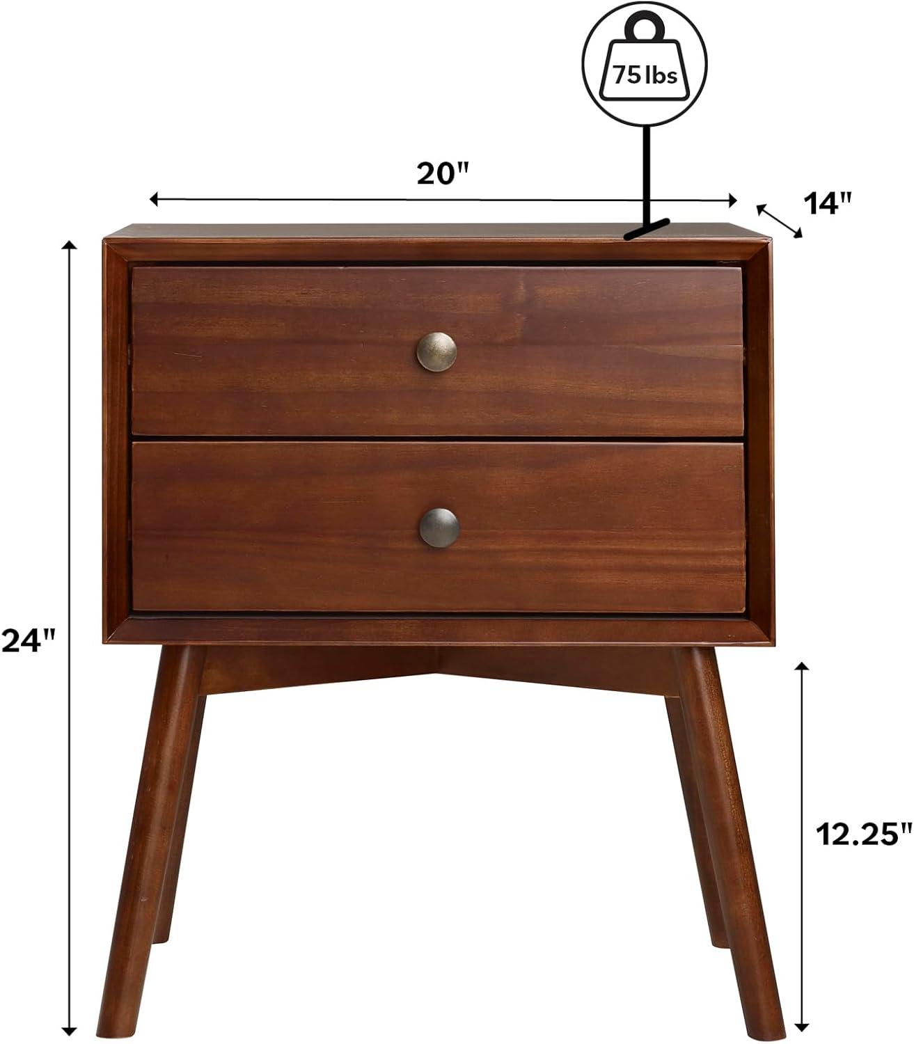 Walnut Pine Wood 2-Drawer Mid-Century Modern Nightstand