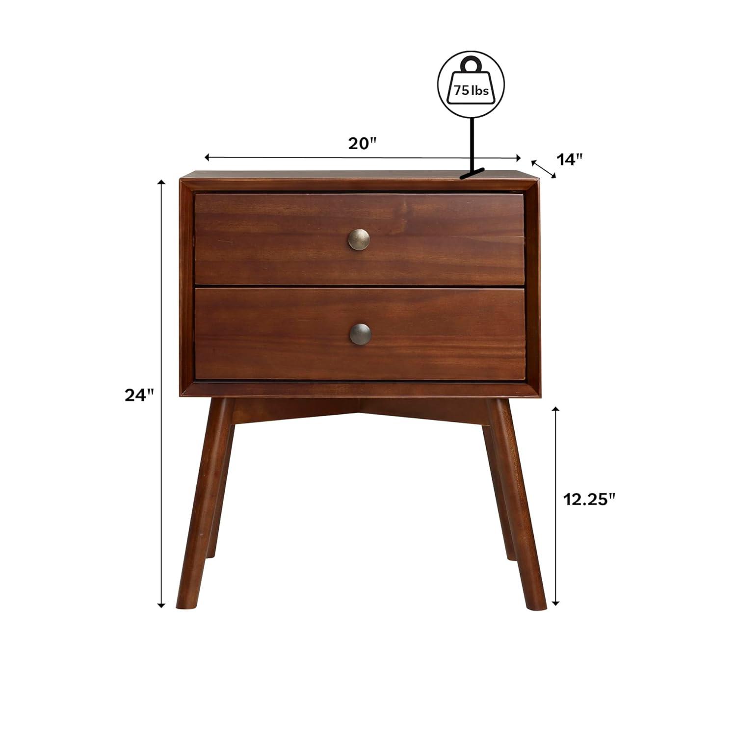 Walnut Pine Wood 2-Drawer Mid-Century Modern Nightstand
