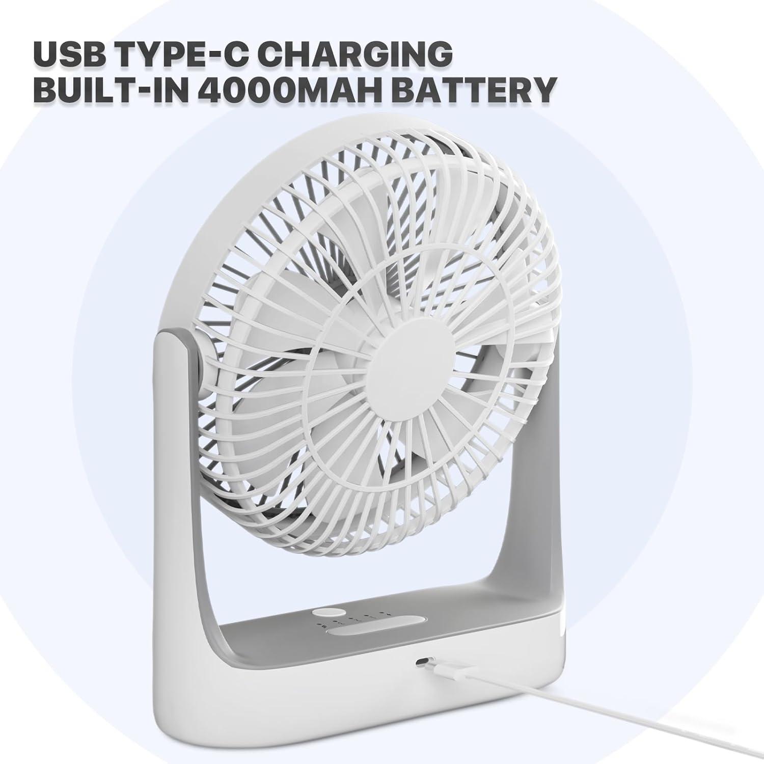 mollie USB Rechargeable Desktop Fan, Wall Mounted Hanging Fan with LED Light and Hook, Speed Adjustable Air Cooler Fan For Home Bedroom, White