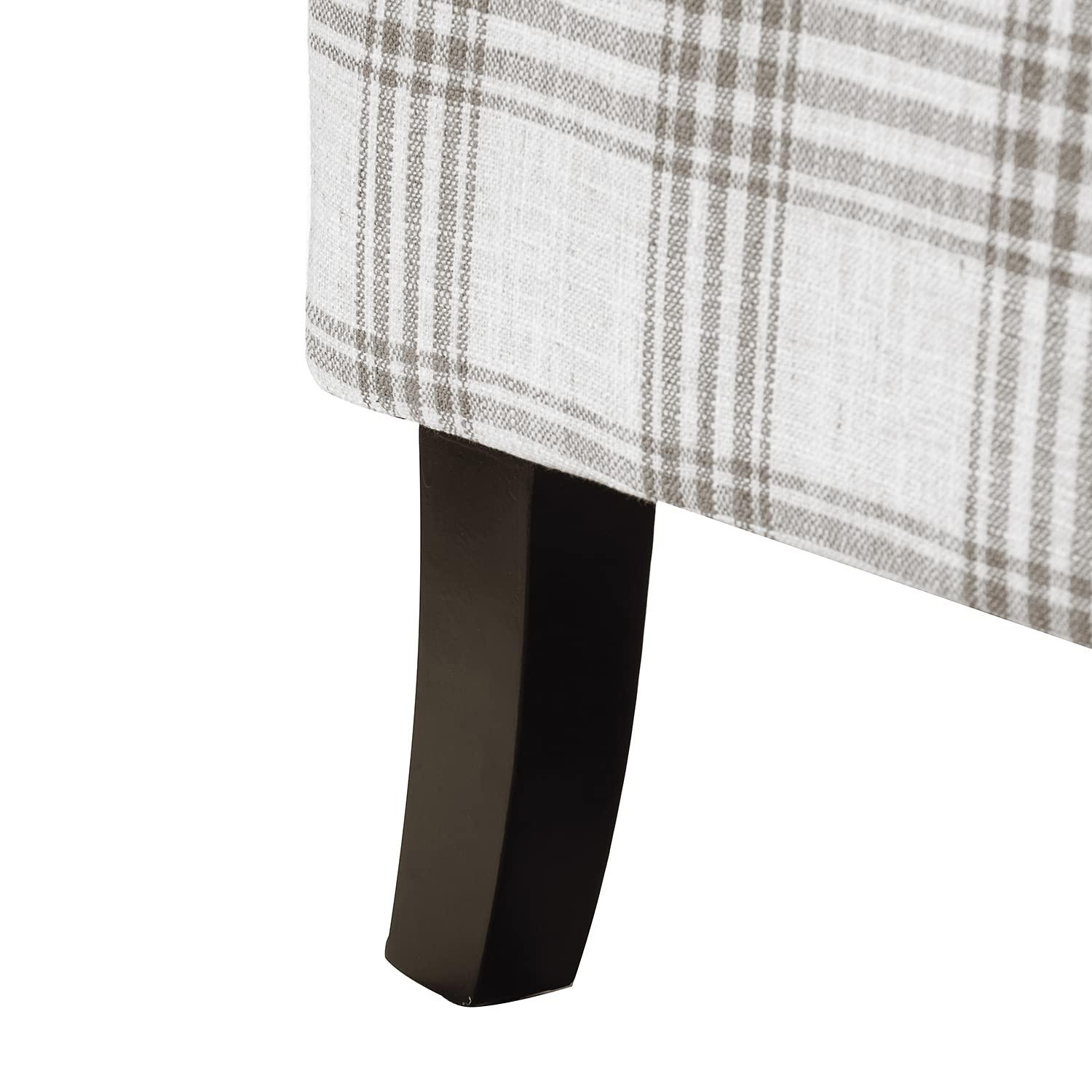 Grey Plaid Upholstered Wingback Recliner with Black Rubber Wood Legs