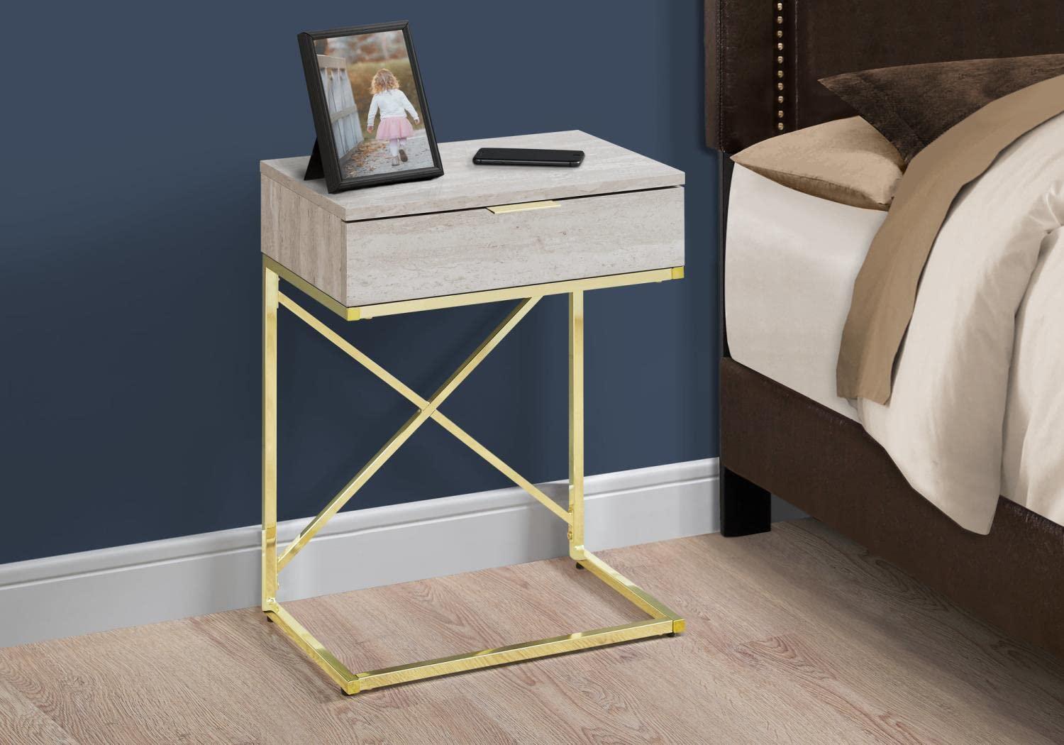 Monarch Specialties Accent Table Side End Nightstand Lamp Storage Drawer Living Room Bedroom Metal Laminate Beige Marble Look Gold Contemporary Modern