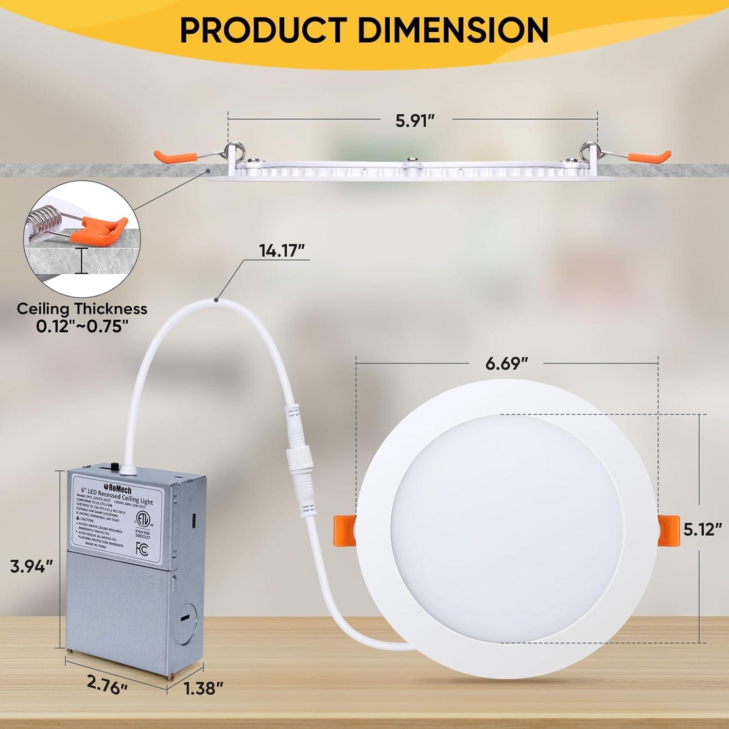 DAMINY 12 Pack 6 Inch LED Recessed Lighting with Junction Box,5Cct,Ultra-Thin Recessed Light,12W 1080Lm, Dimmable Canless Wafer Ceiling Light, High Brightness - ETL