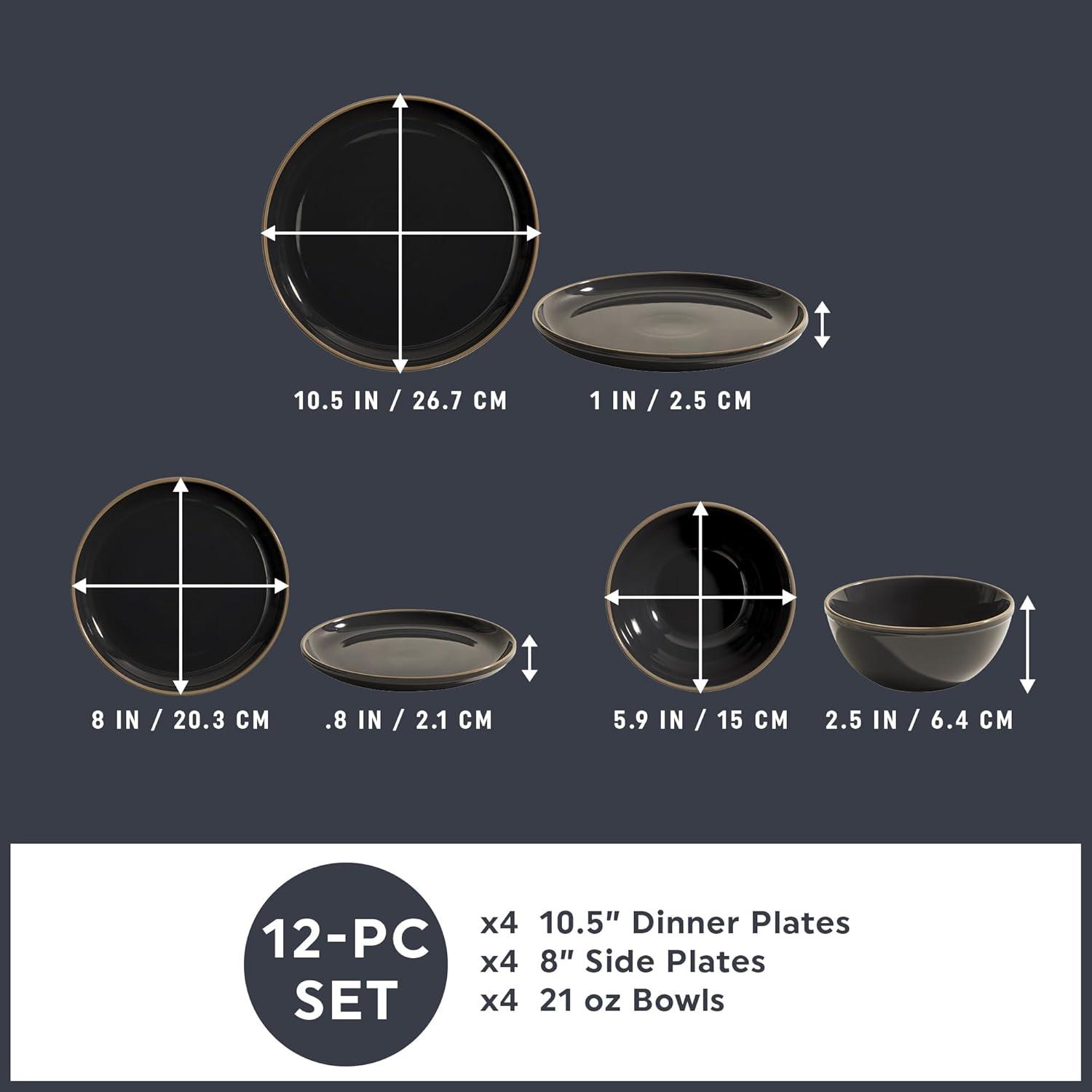 Black Glazed Ceramic 12-Piece Round Dinnerware Set