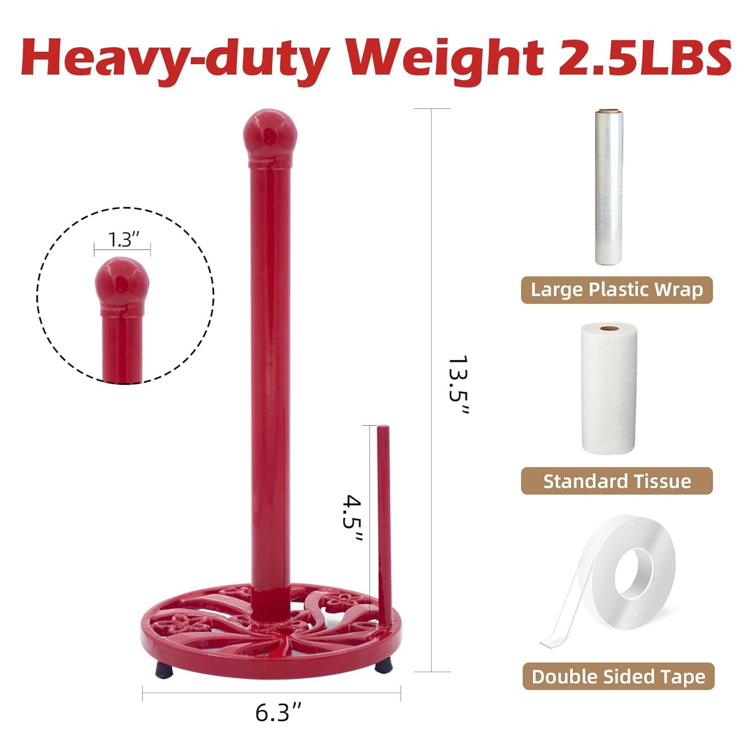 Vintage Paper Towel Holder Countertop - Cast Iron Standing Roll Paper Towel Dispenser with Elegant and Heavy Daffodil Pattern Base for Kitchen Décor, Red