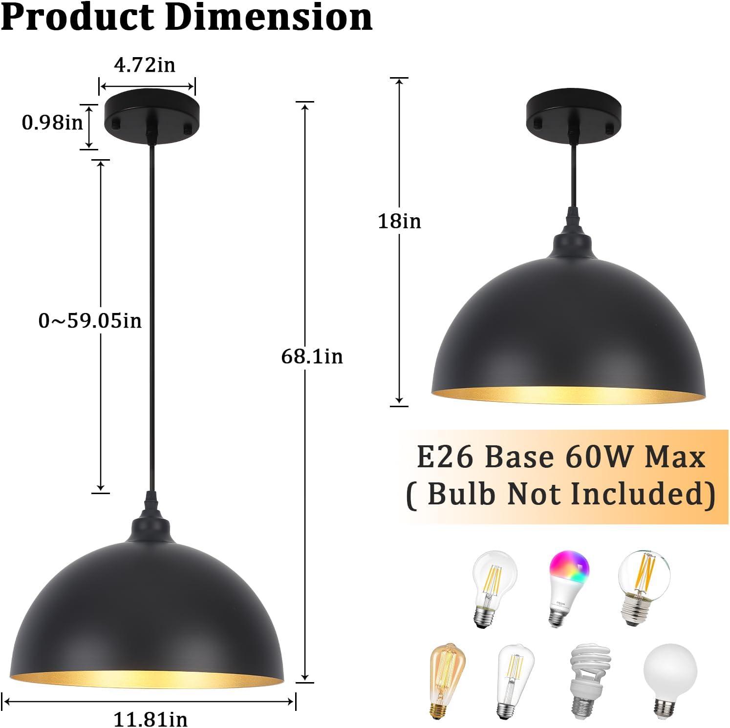 2-Pack Black Pendant Lights, 11.81'' Modern Pendant Lights Kitchen Island, Dome Large Pendant Light for Dining Room Foyer Bedroom Entryway Hallway Light Fixtures