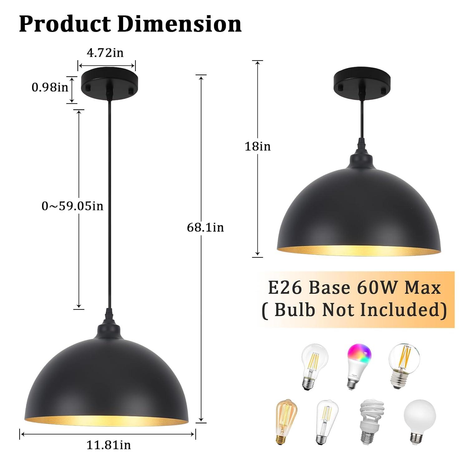 2-Pack Black Pendant Lights, 11.81'' Modern Pendant Lights Kitchen Island, Dome Large Pendant Light for Dining Room Foyer Bedroom Entryway Hallway Light Fixtures