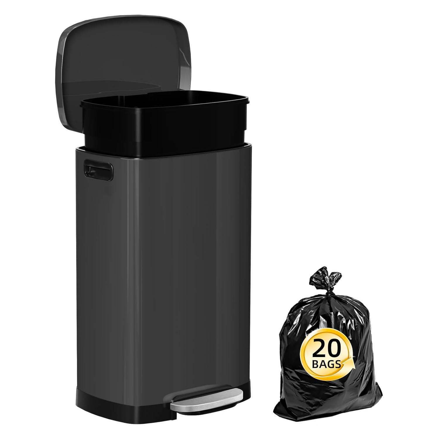 FDW 13 Gallon Stainless Steel Step Kitchen Trash Can with Lid, Fingerprint-Proof for Indoor(Black)