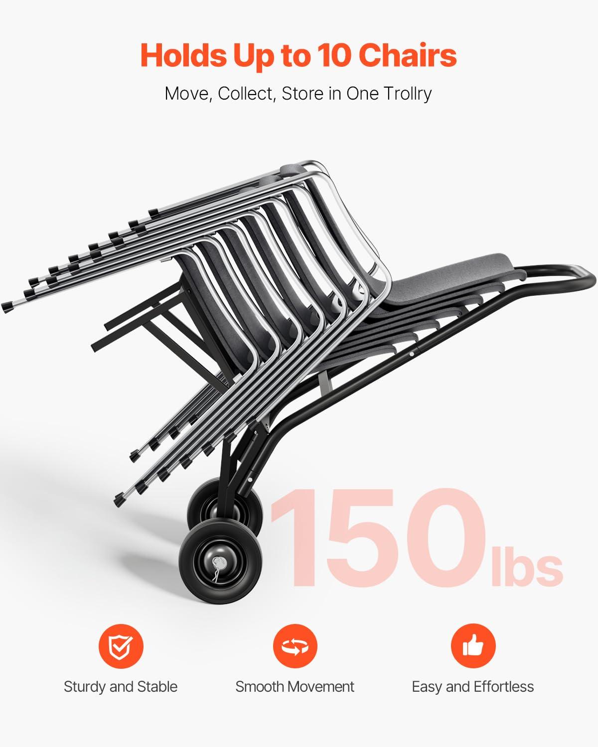 VEVOR Folding Chair Rack, 150 LBS Capacity, Heavy-Duty Chair Cart for Stacking 10 Chairs, Multi-Function Metal Chair Storage Dolly with Rubber Wheels, Push-Style Chair Holder, Matte Black